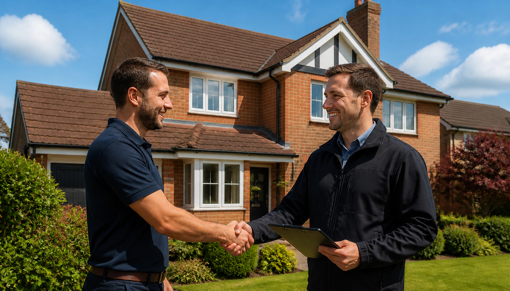 Roofing contractor shaking hands with a homeowner outside a red-brick house