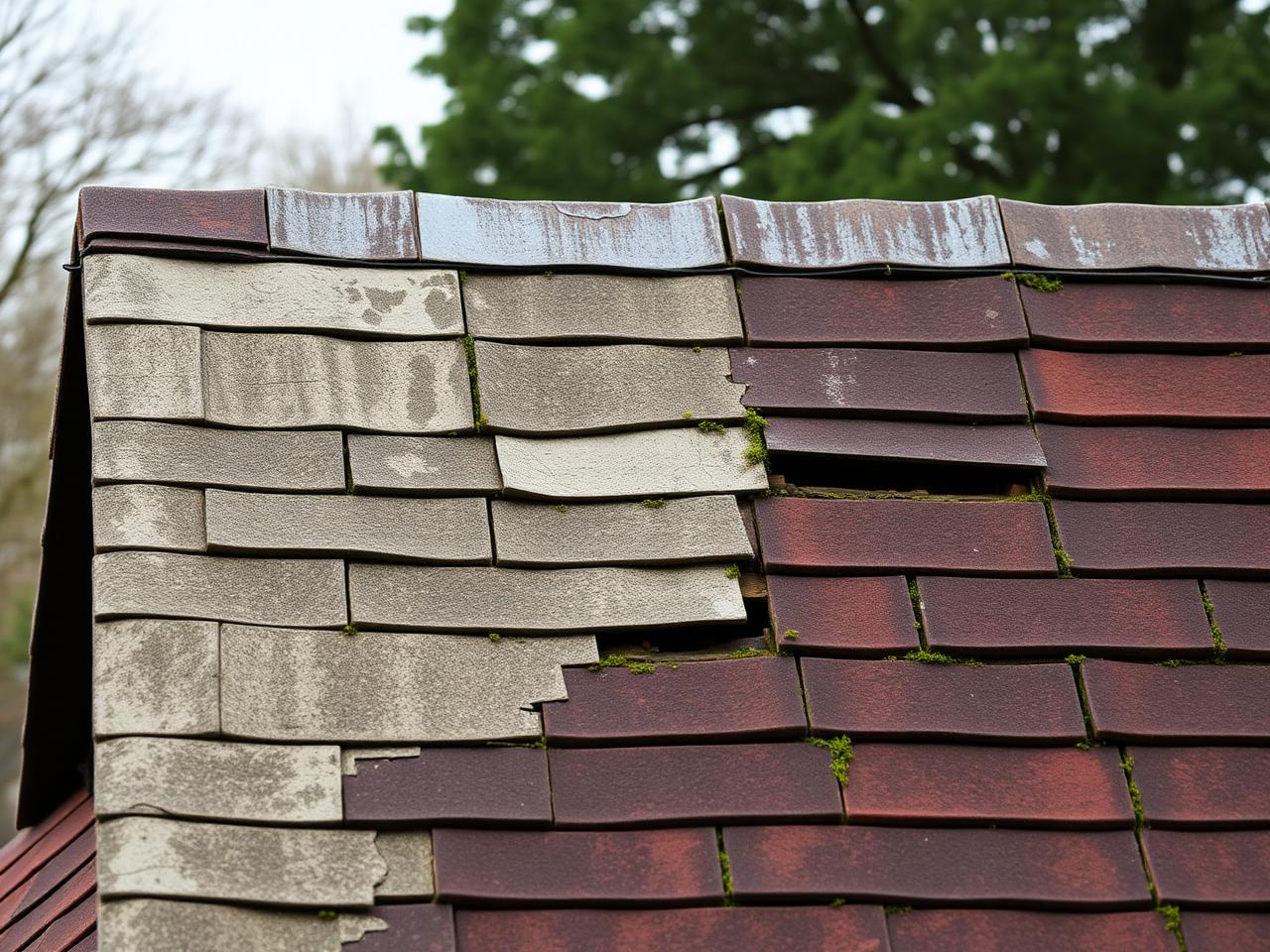 Worn roof with slipped and cracked tiles before replacement work