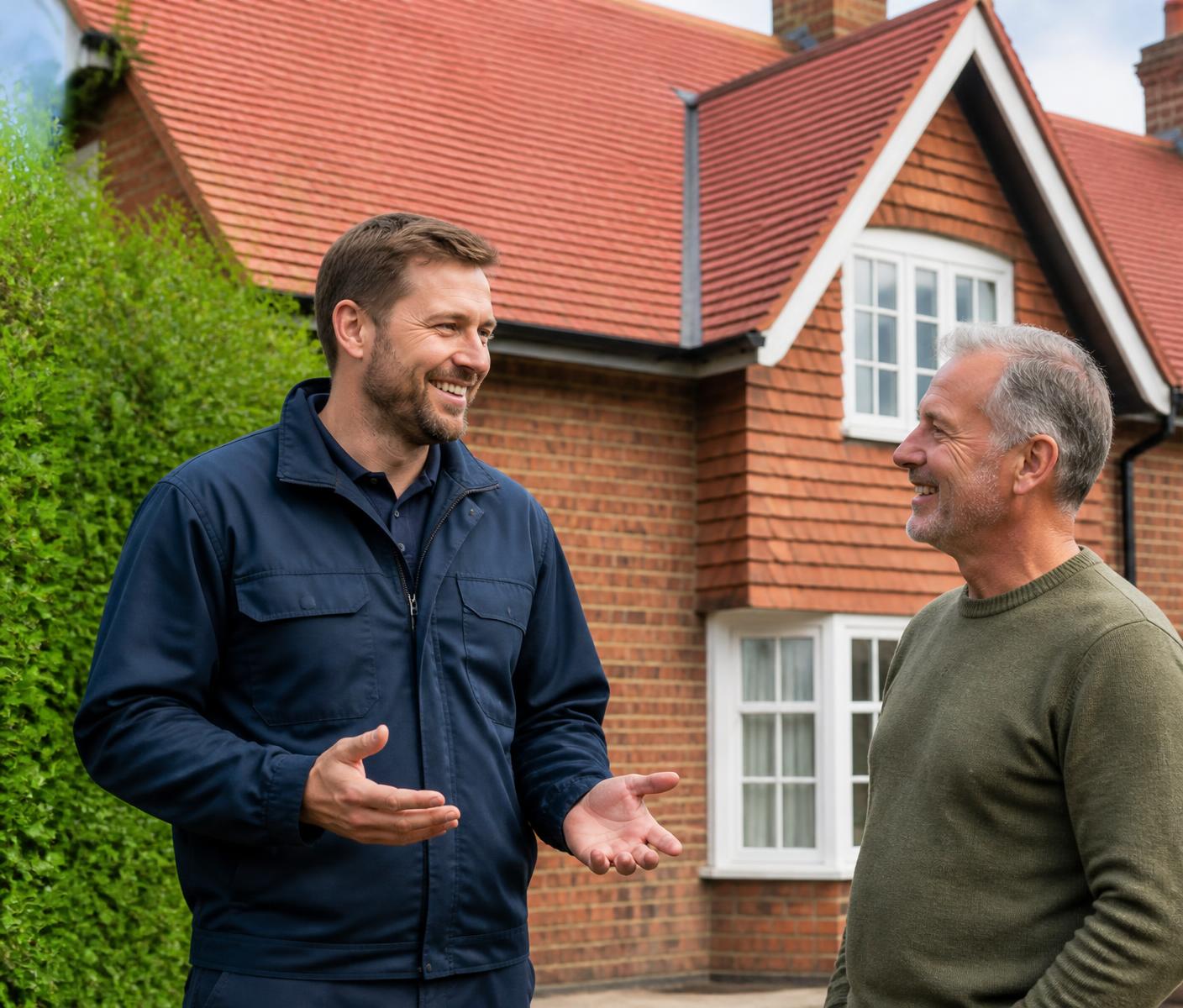 Roofer talking with a homeowner outside a brick house with a newly tiled roof