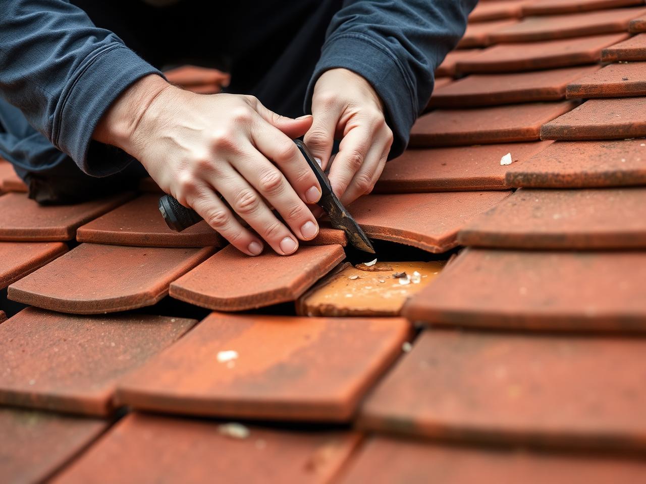 Roofer inspecting damaged clay tiles on a pitched roof