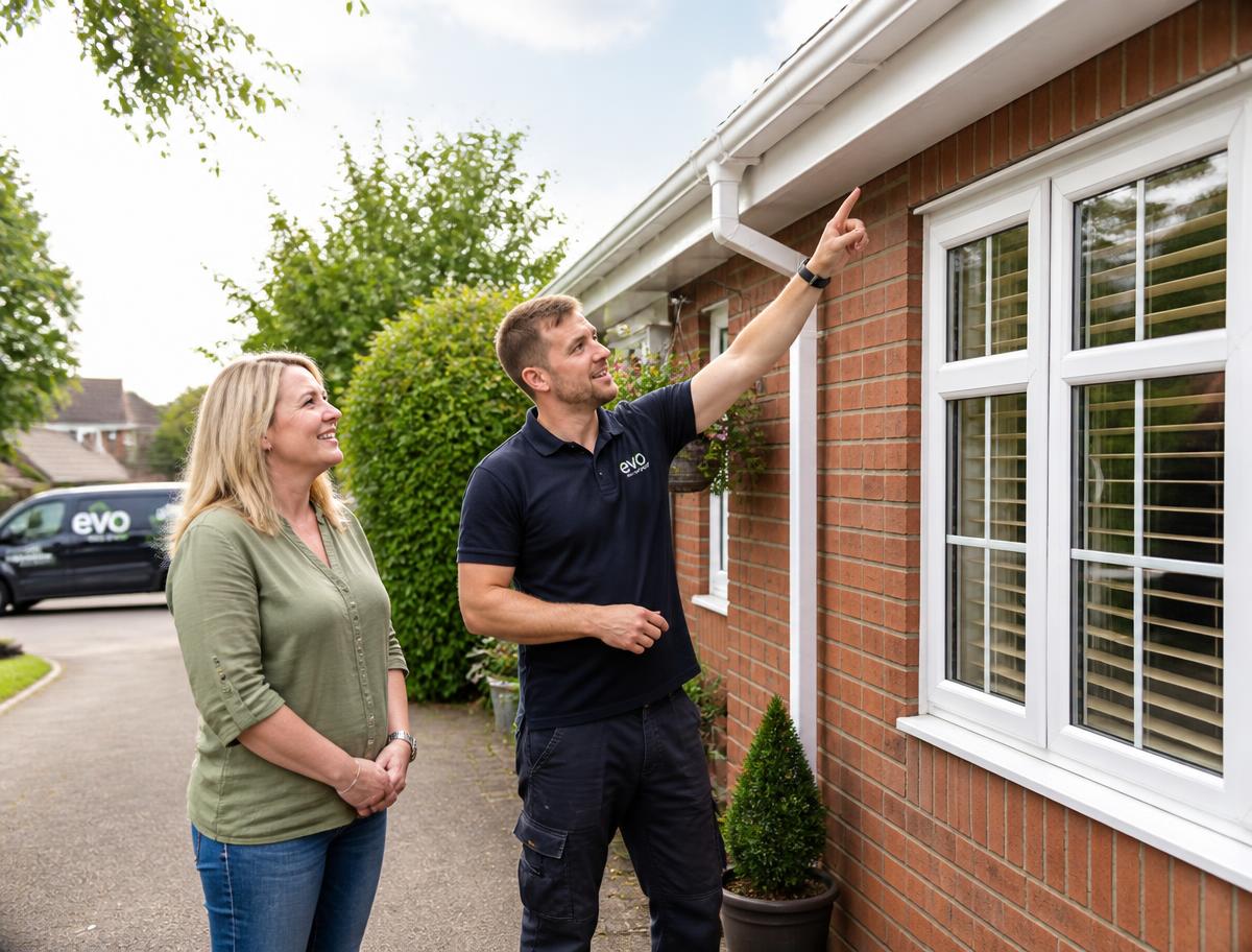 Tradesperson and homeowner discussing guttering and fascias outside a house