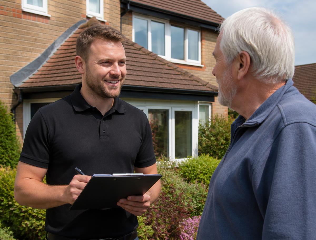 Roofing contractor with a clipboard discussing work with a homeowner outside their house